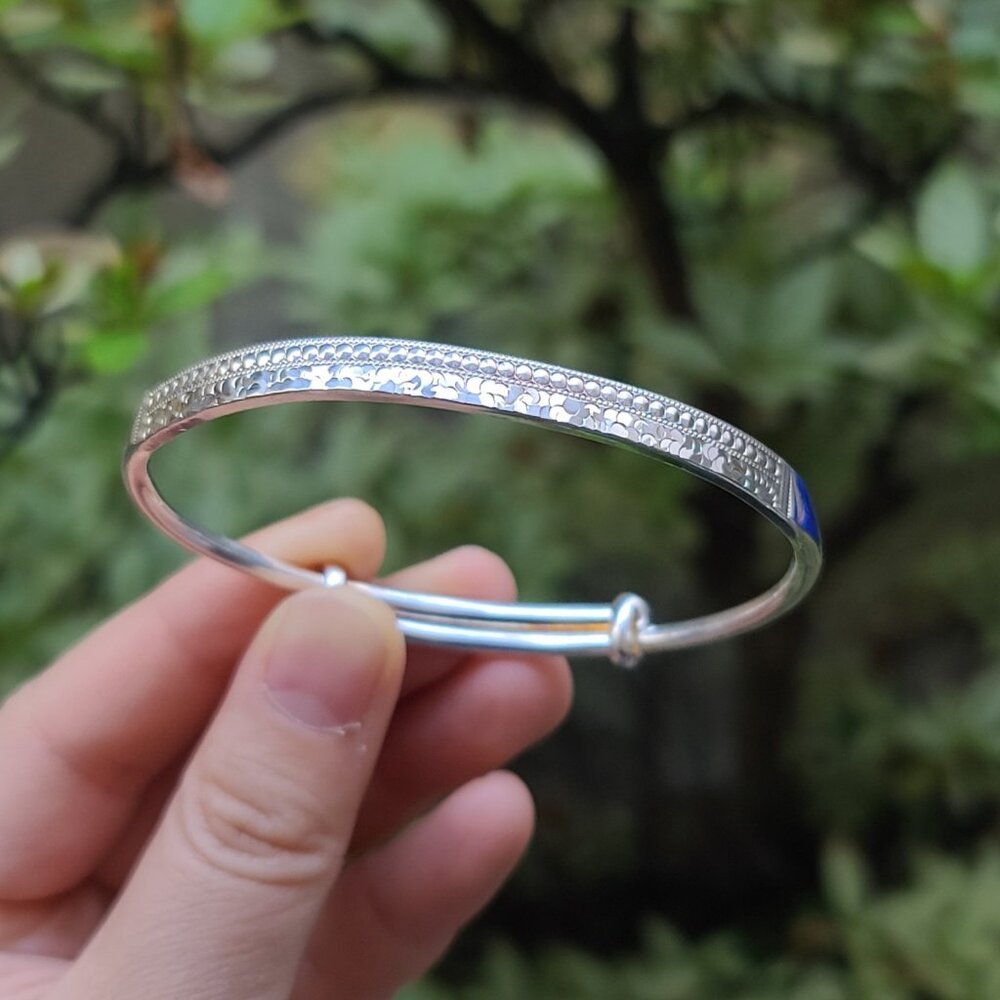 999.9 Fine Silver Bangle w Patterned Inlay Chinese Export Adjustable Bracelet
